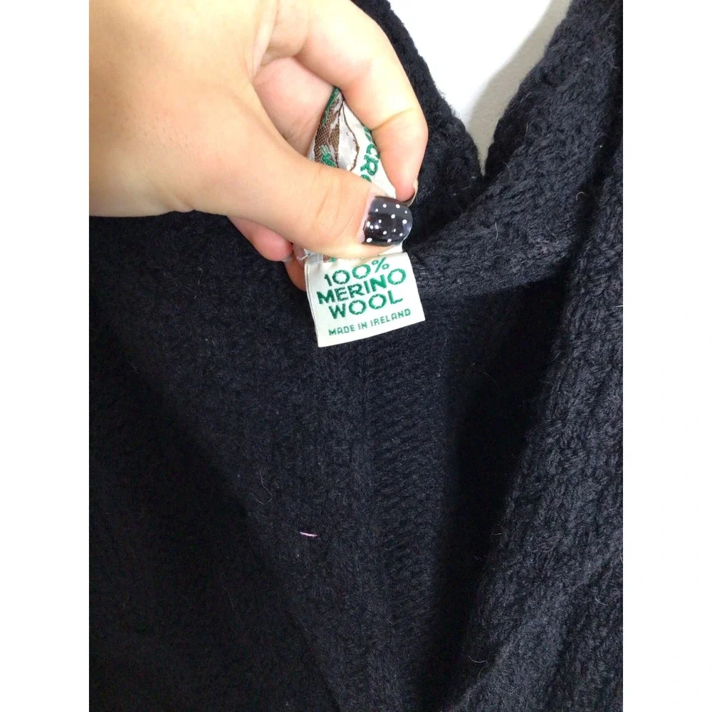 Aran Crafts Cardigan Sweater Womens L Black Excellent Merino Wool Irish Cable